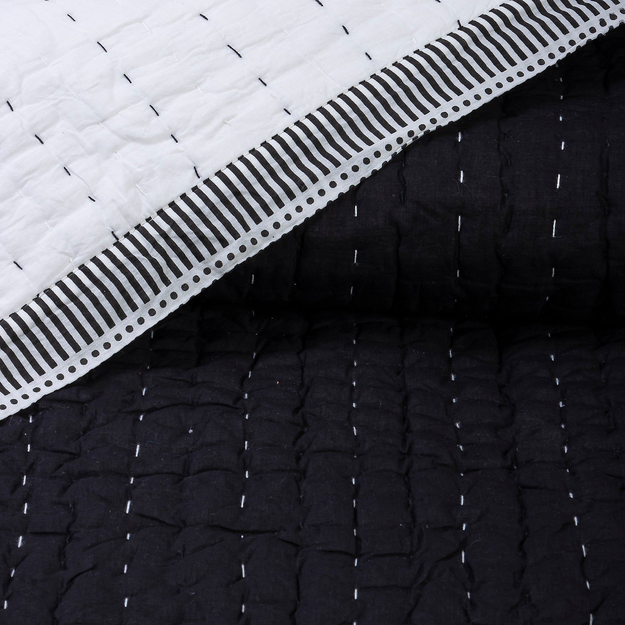 Handmade Solid Black Cotton Reversible Kantha Soft Quilt Blanket